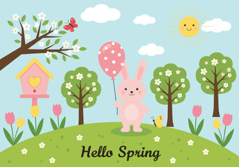 Cute spring landscape with bunny balloon flowers blooming trees sunshine birdhouse butterflies and greeting message for seasonal design © jafrine