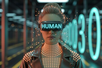 a woman wearing futuristic virtual reality goggles with human text