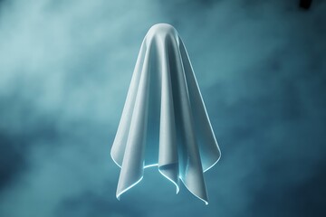 a white ghost floating in the air with blue smoke