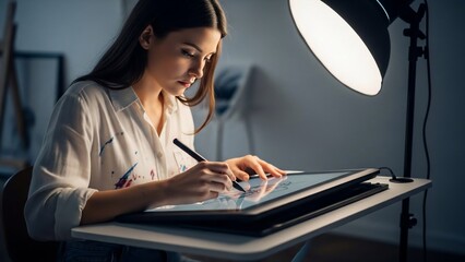 Young woman working on graphic design project at desk with digital tablet and stylus under desk lamp.