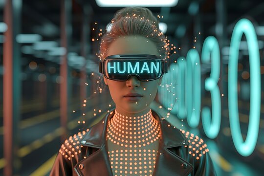 a woman wearing futuristic virtual reality goggles with human text - Powered by Adobe