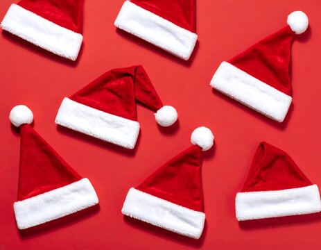 A festive arrangement of seven red Santa hats with white trim on a solid red background