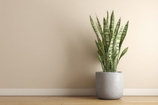 A tall potted plant with sword-shaped leaves stands against a plain wall