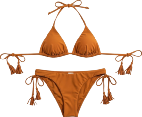 Brown bikini with tassels and bows on white background