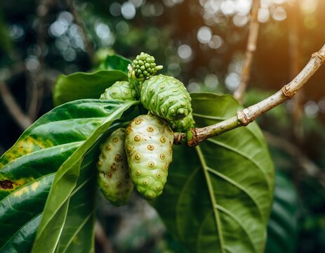 Close-up of a branch with green leaves and unripe noni fruits in a natural outdoor setting with warm sunlight.