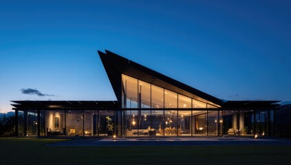 Obraz premium Modern house with sharp roofline, glass walls at twilight