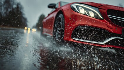 Red sports car splashing through wet road, with headlights on