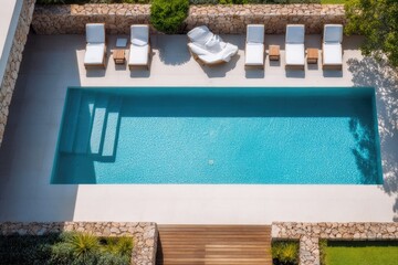 Luxurious modern outdoor pool area with lounge chairs and sunbathing relaxation