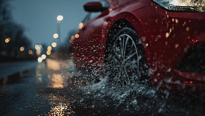 Red car tire splashes water on a wet, dark road