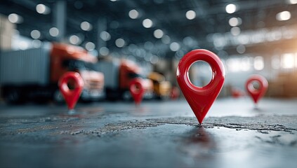 Warehouse with trucks and location pins, illustrating logistics and delivery