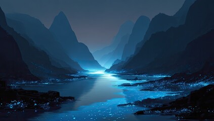 Ethereal glowing river winding through misty, layered blue mountains at night