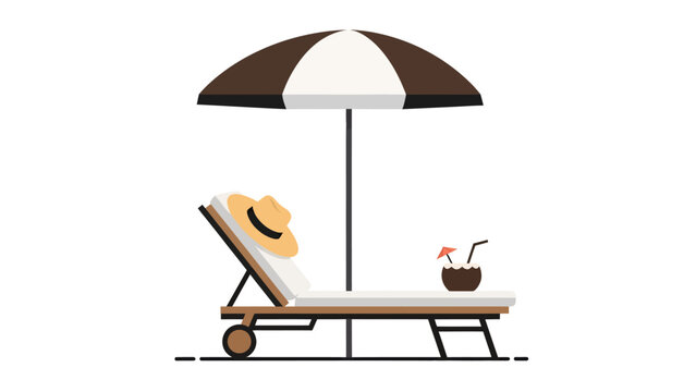 A flat vector illustration of a beach lounge chair with a straw hat under a striped sun umbrella, featuring a tropical coconut cocktail on a white background.