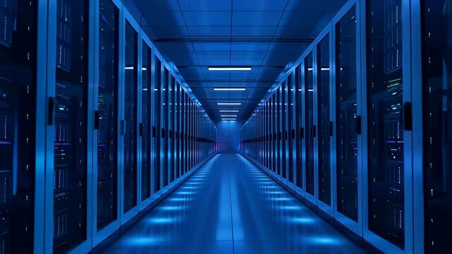 empty server aisle with glowing racks lining both sides, reflective floor leads to vanishing point, cool blue lighting highlights LED indicators, high security infrastructure environment,