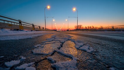 Cracked icy road illuminated by streetlights at twilight with distant trees