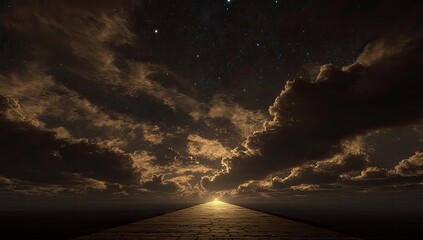 Ethereal pathway to a celestial horizon under starry, cloudy skies