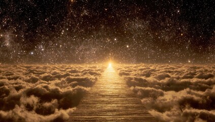 A luminous path ascends through clouds towards a radiant star-filled sky