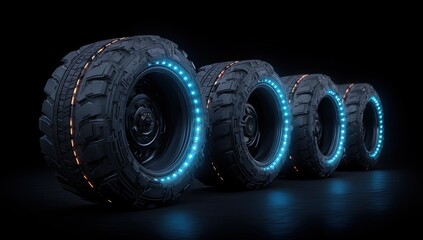 Rugged tires with glowing blue and orange rings on black background