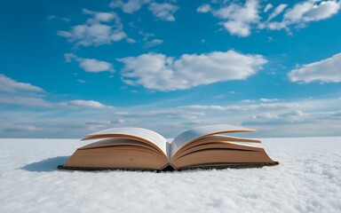 open book lying in the snow with a beautiful blue sky