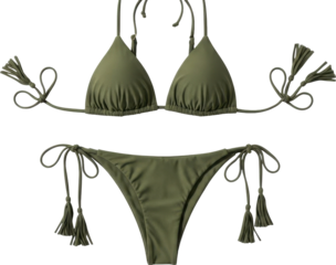 Olive green bikini with tassels and bow details on white