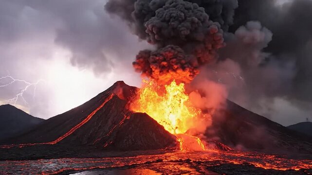 Majestic volcano erupts, spewing molten lava and dark ash clouds under an evening sky