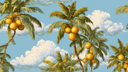 Lush palm trees laden with fruit under a cloudy, tropical sky