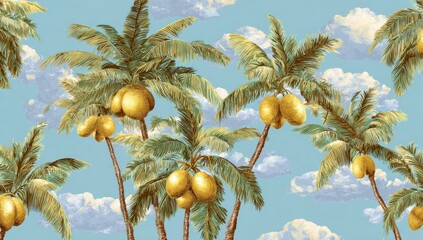 A repeating pattern of golden coconuts on palm trees against a cloudy sky