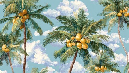 A vibrant tropical sky with lush green palm trees heavy with coconuts