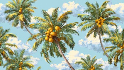 Tropical sky with lush palm trees laden with ripe coconuts under fluffy clouds