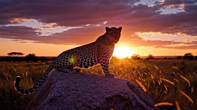 Majestic Leopard Silhouetted Against a Vibrant Sunset in the African Savanna.