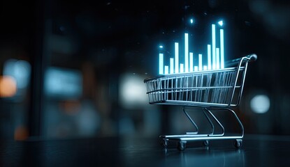 Futuristic shopping cart with glowing bar graph data on dark background