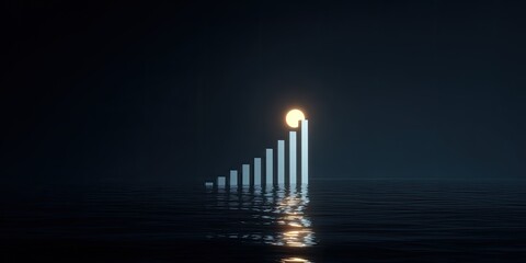 Abstract bars rising from dark water, topped by glowing orb