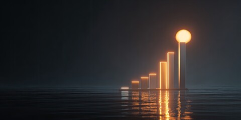 Illuminated bars rise from water, crowned by a bright sphere