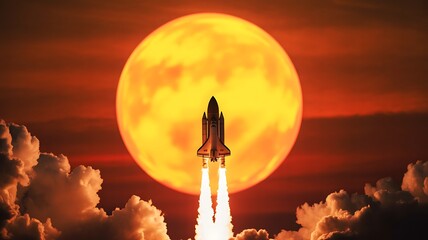 rocket ship launching into the sky with large sun behind it