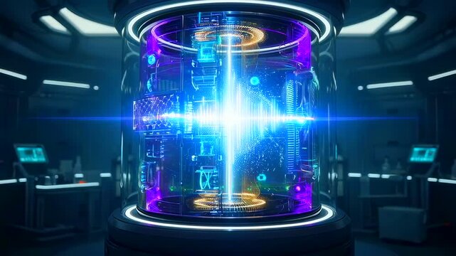 glowing energy core inside laboratory cylinder, multicolor plasma ring with bright central pulse, containment field in sterile research chamber, surrounding consoles show diagnostics,