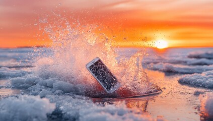 Cellphone splashes into icy water at vibrant sunset