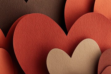 Abstract Background of Glittering Red and Beige Heart Shapes with Textured Surfaces Layered in Varying Sizes Creating a Romantic Atmosphere