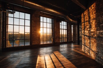 Sunlight streams through large industrial windows onto a wooden floor