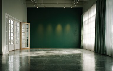 Sunlit spacious empty room with green wall, French doors, and large windows