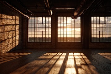 Sunlit industrial loft with large windows and wooden floors