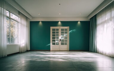 Empty room with teal wall, French doors, and sunlight streaming through sheer curtains