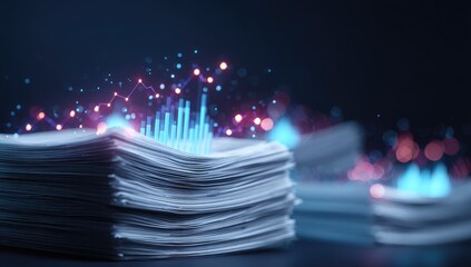 Data visualization over stacks of documents, glowing lines, and bar graphs