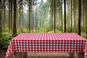 Wooden Table Covered with Red and White Checkered Tablecloth in Forest with Sunlight Filtering Through Trees for Picnic Setting