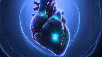 Glowing anatomical heart with infected nodes, neon blue backdrop and pulsing cyan rings bright magenta lesions dot myocardium while vascular strands glow, rotating D view suggests