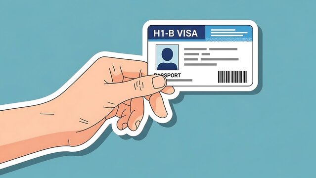 Hand holding H1B visa card illustration.
