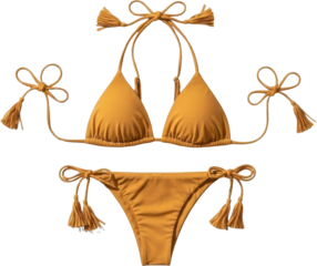 Yellow bikini with tassels and bows on transparent background