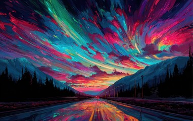 Vivid aurora swirls over a dark landscape with a reflective highway