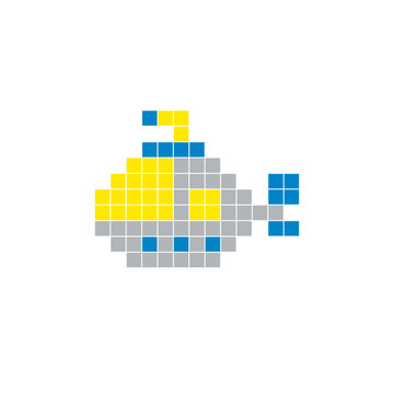 A flat pixel design made of geometric square color blocks on a clean icon layout. Pixel art submarine