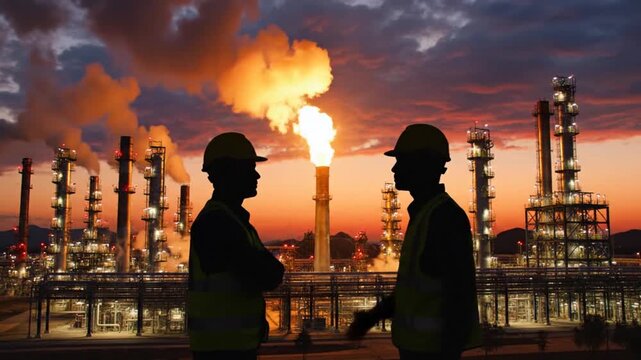 Two industrial workers in hard hats silhouetted at dusk, discussing operations in front of a large, active oil refinery with a flaming flare stack, symbolizing essential global energy