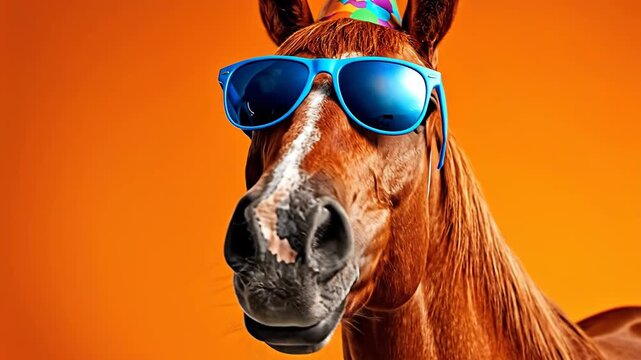 A cheerful horse wearing sunglasses and a party hat against an orange backdrop.