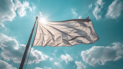 A white flag waving against a bright blue sky symbolizing surrender or truce